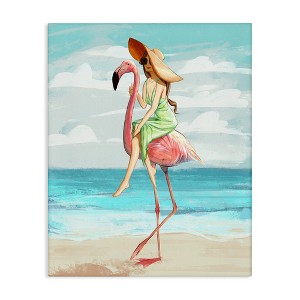 Stupell Industries Beach Woman Riding Pink Flamingo Canvas Art, 16" x 20" - 1 of 4