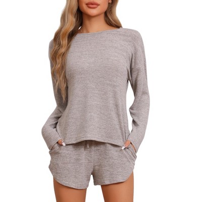 cheibear Women's Long Sleeve Top and Elastic Waistband Shorts with Pockets Pajamas Set