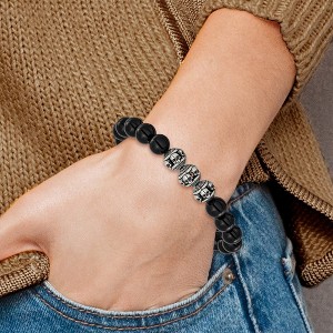 Chisel Stainless Steel Antiqued and Polished Skull Beads and Black Onyx 7.5" Stretch Bracelet - 1 of 4