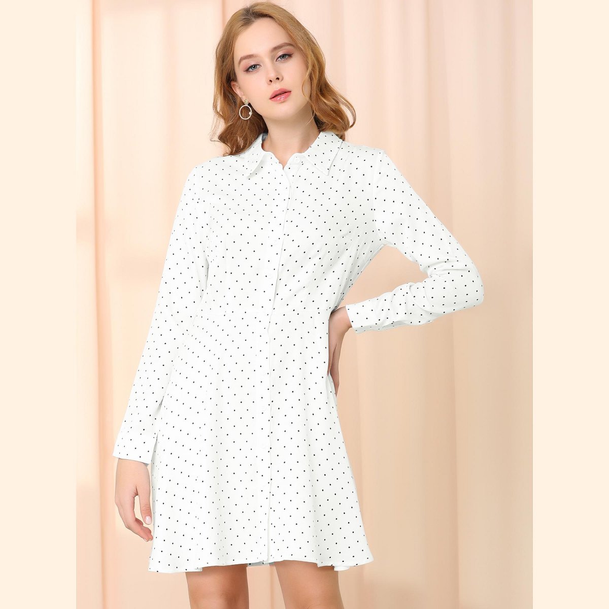 Женские платья INSPIRE CHIC Women's Polka Dots Long Sleeve Button Up A-Line Shirt Dress Large White — фото 4