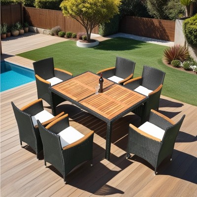 VisioGear Patio Seating Sets, 7 Pieces Patio Seating Sets with Wood Table Top, Outdoor Space Saving Chairs, Black & White, 22.8"*22.8"*33.5"