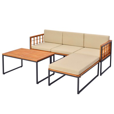 Tangkula 5PCS Furniture Set Acacia Wood Sectional Set with Seat & Back Cushions Patio
