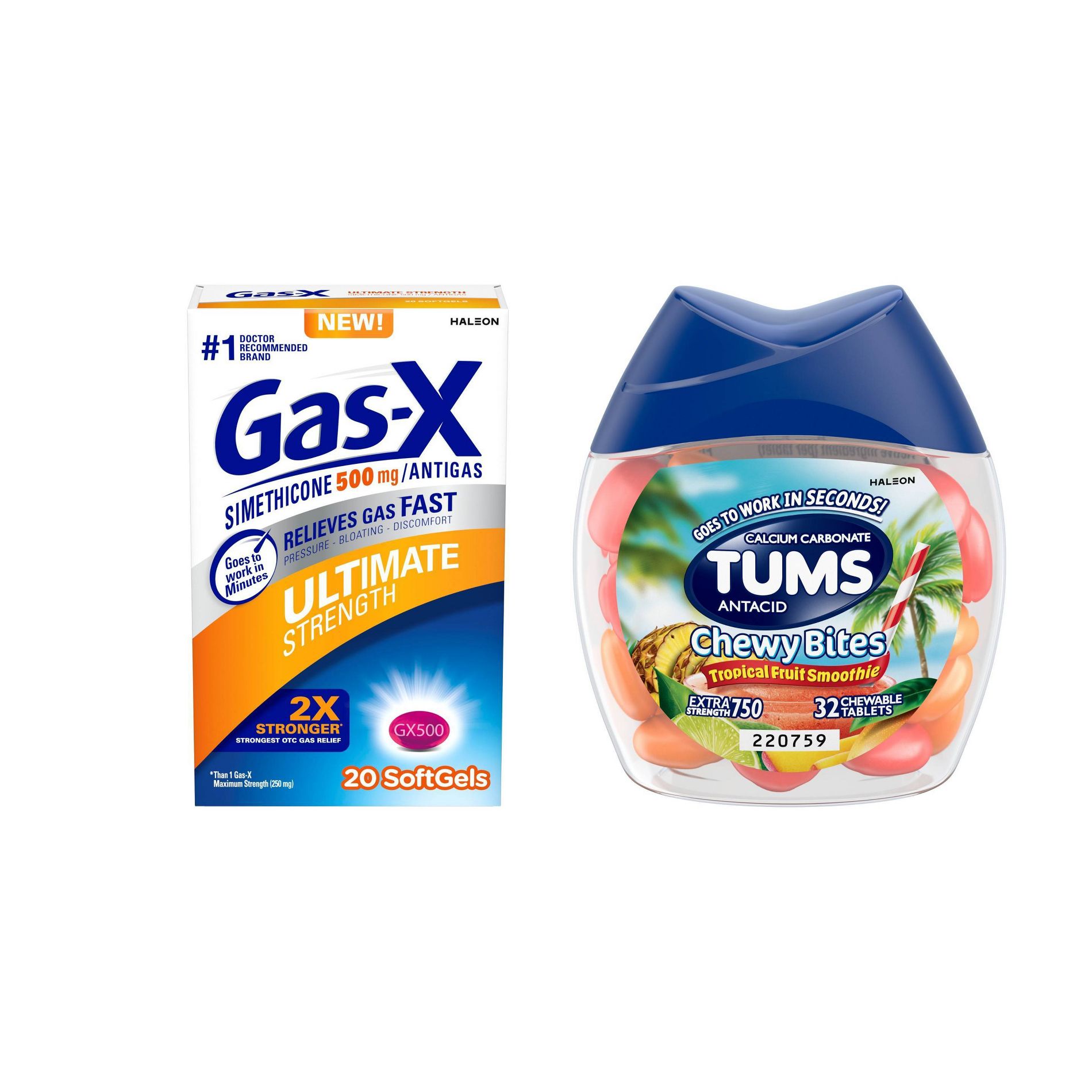 Tums 32 Count Chewy Bites Antacid Chewables Tropical Fruit Smoothie + 
Gas-X 20 Count Ultimate Strength Gas Relief SoftGels