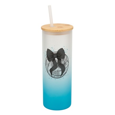 Elanze Designs 25 Ounce Frosted Glass Gradient Travel Tumbler With Straw and Wooden Lid, Volleyball Teal Paint Splatter Sky Blue