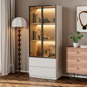 ATJafurn 23.6'' White Glass Display Cabinet, Modern Lighted Dining Storage China Cabinet With Glass Doors For Kitchen Dining Room and Living Room - 1 of 4
