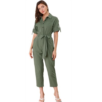 INSPIRE CHIC Women's Short Sleeve Collared Solid Color Button Down Tie Waist Cargo Jumpsuit