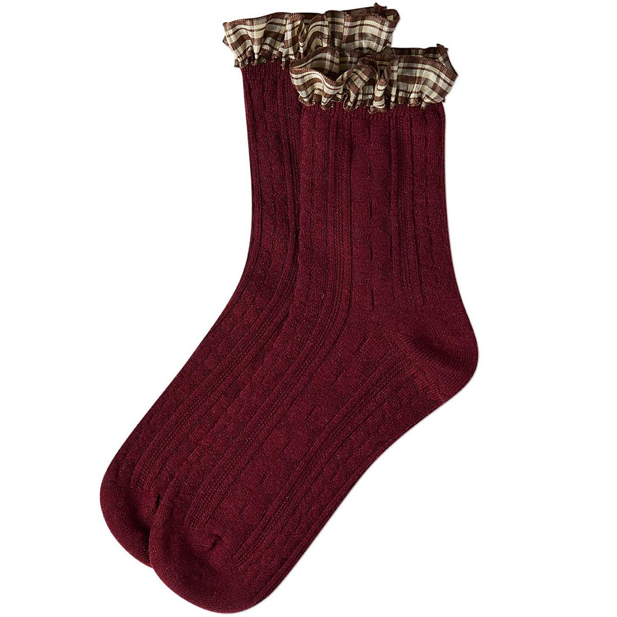 Memoi Women's Wool Blend Plaid Ruffle-Cuff Chain Stitch Crew Sock - thumbnail 3