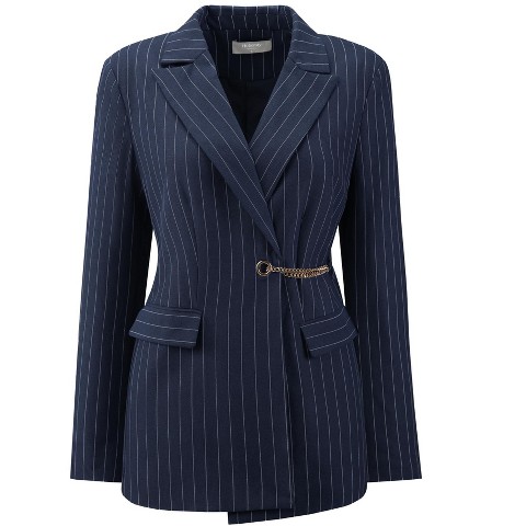 INSPIRE CHIC Women's Striped Blazers Lapel Collar Chain Decor Long Sleeve Office Jackets XX-Large Navy Blue