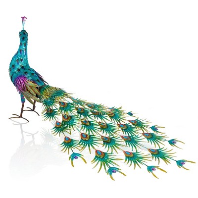 Alpine Corporation Jumbo Size Blue Majestic Tail Down Peacock Décor: 53"L Iron Garden Statue