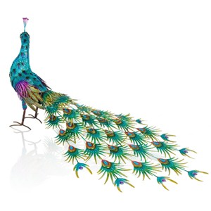 Alpine Corporation Jumbo Size Blue Majestic Tail Down Peacock Décor: 53"L Iron Garden Statue - 1 of 4