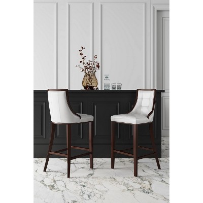 Set of 3 Pearl White Faux Leather Barstools with Beech Wood Frame