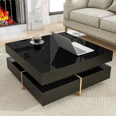 Lirago High Gloss Coffee Table 4 Drawers Multi Storage Square Cocktail Table Wood Grain Legs Living Room Center Table 31.5x31.5 Black Modern