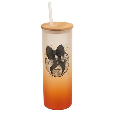 Elanze Designs 25 Ounce Frosted Glass Gradient Travel Tumbler With Straw and Wooden Lid, Volleyball With Black Bow Orange