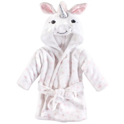 Hudson Baby Infant Girl Plush Animal Face Bathrobe, White Unicorn, 0-9 Months