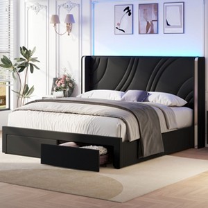 Full/Queen/King Size Modern Upholstered Bed Frame with Storage Drawers, Wingback Velvet Platform Bed with RGB Lights,No Box Spring Needed - ModernLuxe - 1 of 4