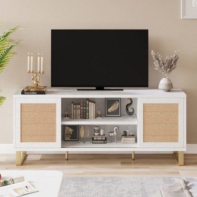 Homhougo TV Stand for 65 Inch TV, Rattan Entertainment Center Modern TV Console Table White TV Stand with Storage, Doors and Shelves White