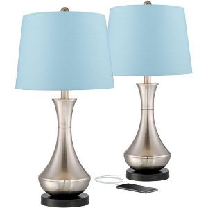 360 Lighting Simon Modern Table Lamps 25 1/2" High Set of 2 Brushed Nickel with USB Charging Port Blue Hardback Drum Shade for Bedroom Nightstand Desk - 1 of 4
