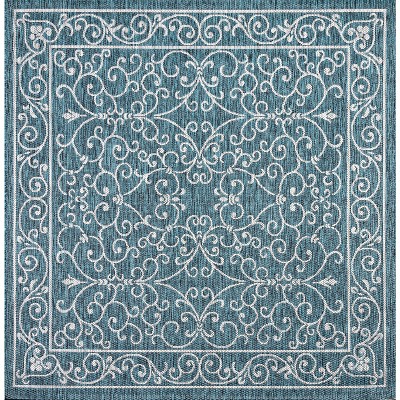 Teal and Gray Filigree Square Indoor/Outdoor Area Rug
