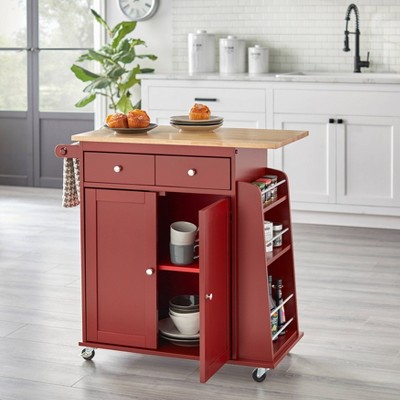 Red Wood Kitchen Cart with Spice Rack and Storage
