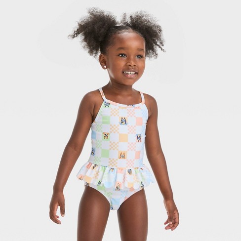 Toddler Girls' Bluey Peplum Checkered One Piece Swimsuit - Off