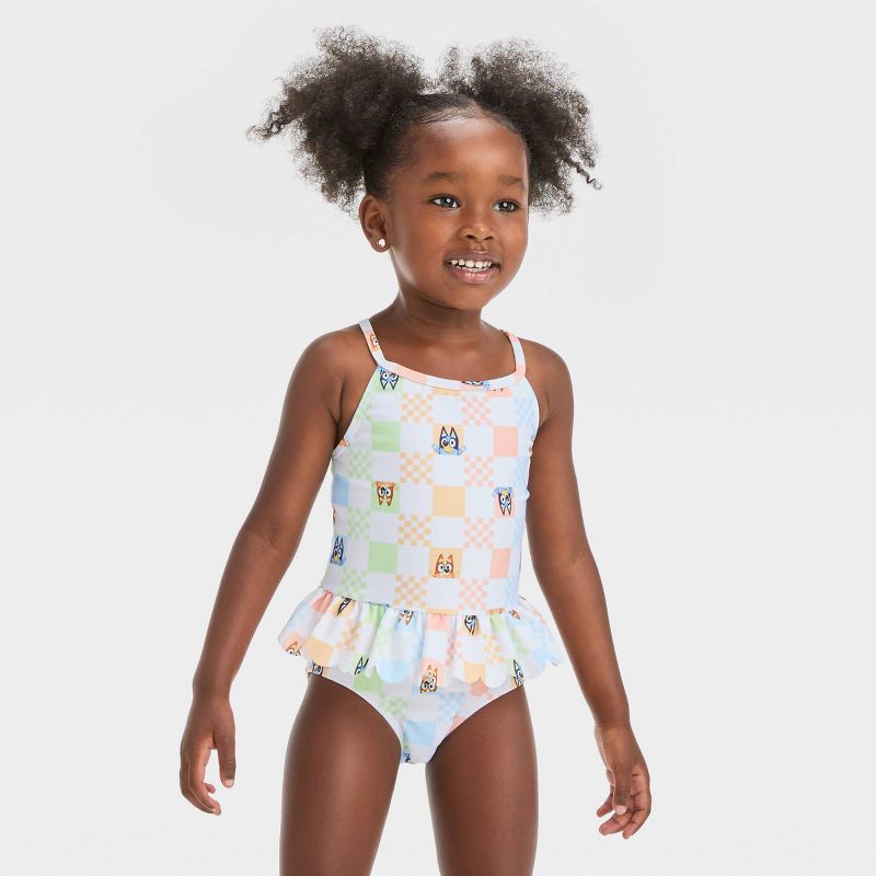 Toddler Girls' Bluey Peplum Checkered One Piece Swimsuit - Off-White, 1 of 4
