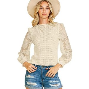 Coolmee Womens Crochet Top Lace Puff Long Sleeve Waffle Knit Crewneck Shirt Fall Casual Fashion Pullover Tunics - 1 of 4