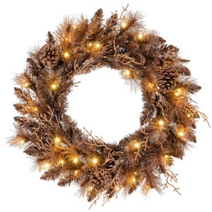 Angel Sar 24" Pre-Lit Christmas Wreath with Pine Cones, 35 Warm White LED Battery-Operated Wreath, Brown Twig Design for Door Wall Mantel Decor - 1 of 1