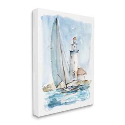 Nautical Sailboat and Lighthouse Blue and White Canvas Wall Art