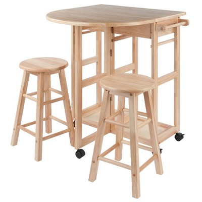 Light Wood Folding Table with 2 Stools and Wheels