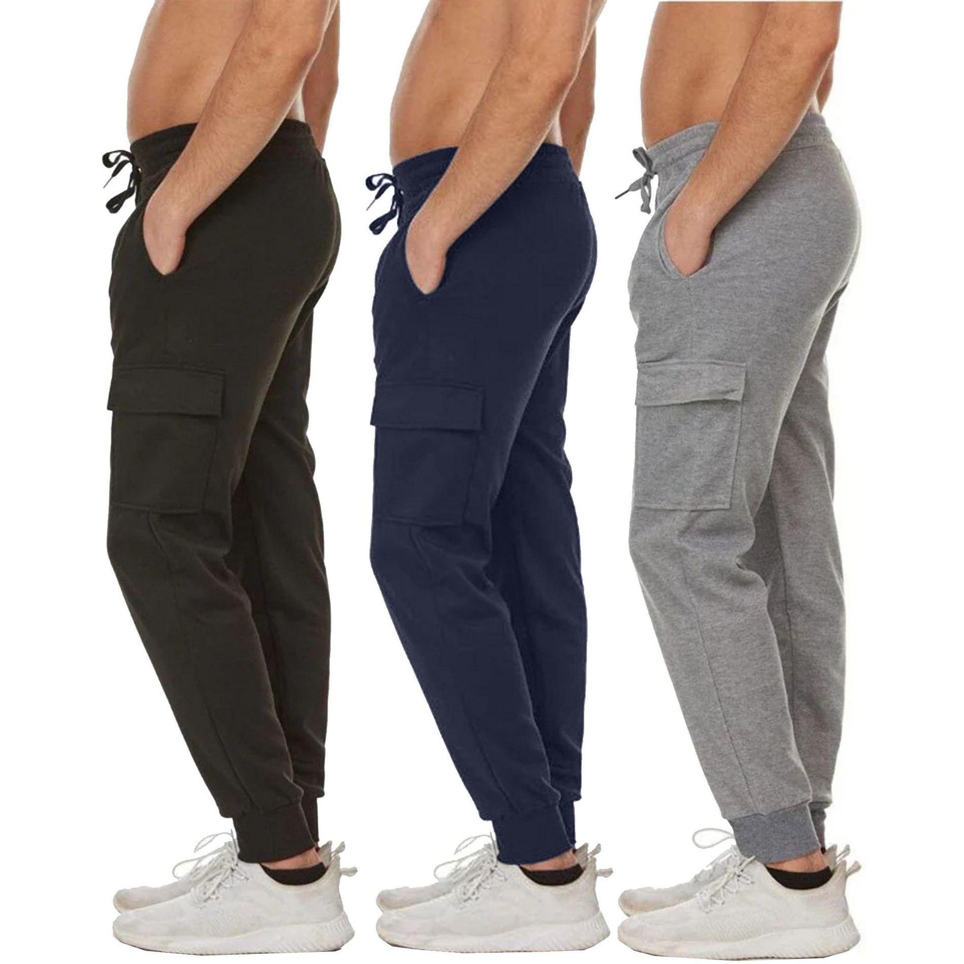 Blue Ice Men's Slim Fit Fleece Jogger Sweatpants with Velcro Cargo Pockets-3 Pack