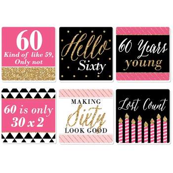 Big Dot of Happiness Chic 60th Birthday - Pink, Black and Gold - Funny Birthday Party Decorations - Drink Coasters - Set of 6