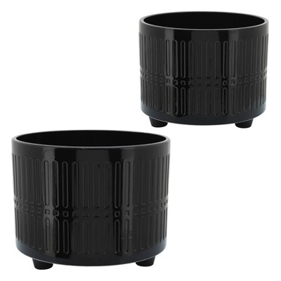 Sagebrook Home Set of 2 Lines Ceramic Footed Planters Black