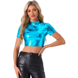 INSPIRE CHIC Women's Party Short Sleeve Mock Neck Holographic Metallic Crop Top - 1 of 4