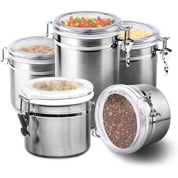 Le'raze Set of 5 Stainless Steel Canister Set with Clear Acrylic Lids & Clamp Airtight Durable & Stackable