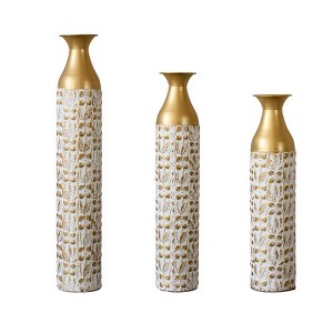 AENKYO Set of 3 Metal Tall Floor Vases, Gold Geometric Cylinder Vases with Vine Patterns -  for Living Room & Home Decor - 25"/29"/34" Height - 1 of 4