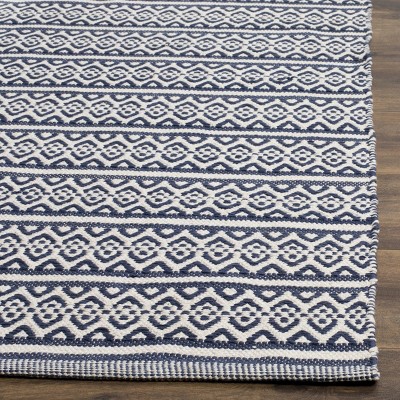Ivory and Navy Handwoven Cotton Flatweave Area Rug 6' x 9'