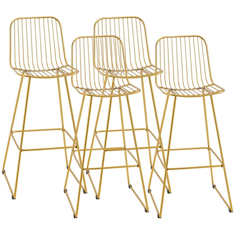 HOMCOM Modern Bar Stools, Metal Wire Bar Height Barstools, 30" Seat Height Bar Chairs for Kitchen with Back and Footrest, Set of 4, Gold, 4 of 7