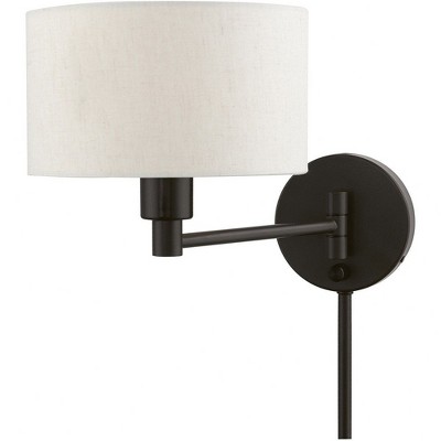 English Bronze Swing Arm Wall Lamp with Oatmeal Shade