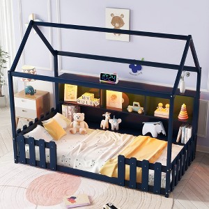 Okak Playhouse Floor Bed Twin Size with Guardrails,Kids Cottage Bed with Storage Bookshelf, Wooden House Bed Frame - 1 of 4