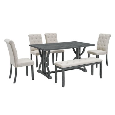 NicBex 6-Piece Dining Room Set,Modern 59.8 Inch Kitchen Table Set with 4 Dining Chairs & Bench,Tufted Button Back & Wood Legs