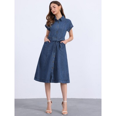 Женские платья INSPIRE CHIC Women's Denim Casual Button Down Short Sleeves Belted Midi Dress Large Dark Blue — фото 4
