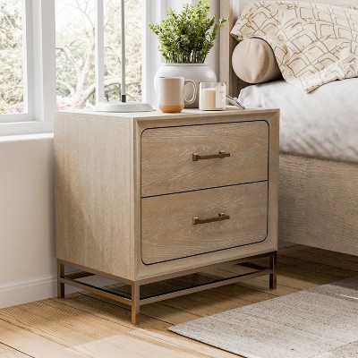 Oak and Metal 2-Drawer Nightstand with Brass Handles
