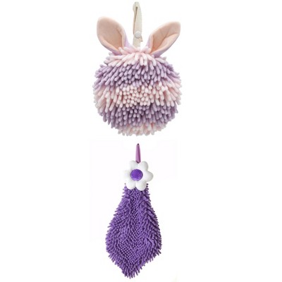 REGALWOVEN 2 Packs Soft Absorbent Flower and Rabbit Shape Decorative Chenille Hand Towel for Bathroom 6" x 15"/7" x 7"