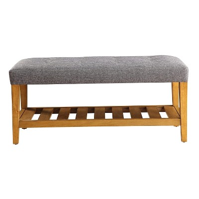 Simple Relax Fabric Upholstered Storage Bench in Gray and Oak