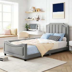 Luxystar Twin Size Upholstered Daybed with Classic Stripe Shaped Headboard and One Side Guardrail - 1 of 4
