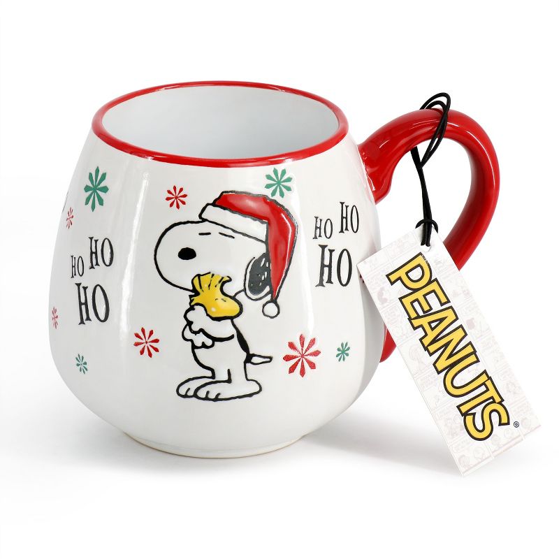 Peanuts Snoopy and Woodstock 4 Piece 20oz Stoneware Holiday Ho Ho Ho Mug Set in Red, 4 of 7