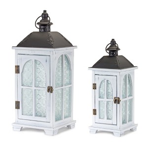 HomeRoots Set of Two White And Black Distressed Ornate Glass Wood And Metal Floor Lantern Candle Holders - 1 of 4