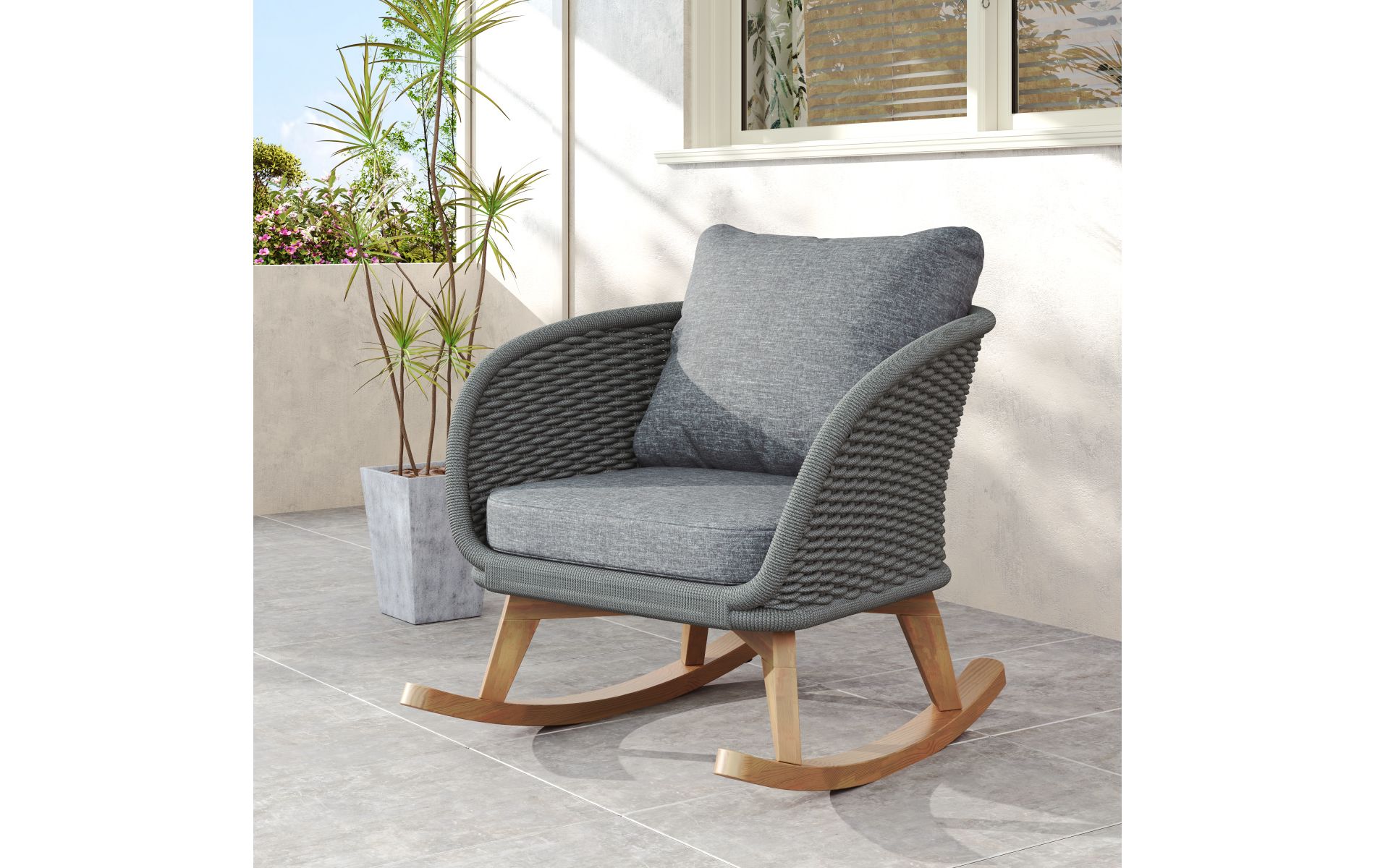PE Rattan Outdoor Rocking Chair with Cushions, 29'' Solid Wood Gray Modern Patio Lounge Chair for Balcony-3irtyhousy