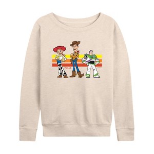 Women's - Toy Story 4 - Buzz, Woody, And Jessie Lightweight French Terry Wide Neck Long Sleeve Graphic Shirt - 1 of 4