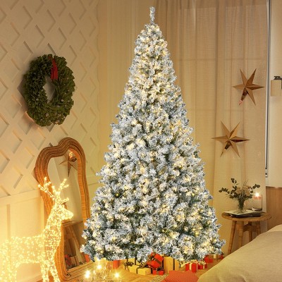 9ft Tall Prelit Artificial Christmas Tree Holiday D¨¦cor with 1868 Snow Flocked Branches, 600 Warm White LED Lights, Auto Open, Green